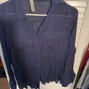 Navy long sleeve button down top